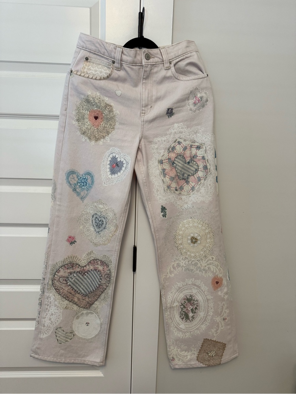 We The Free Pastel Pink Straight Leg Jeans with Heart Appliqués